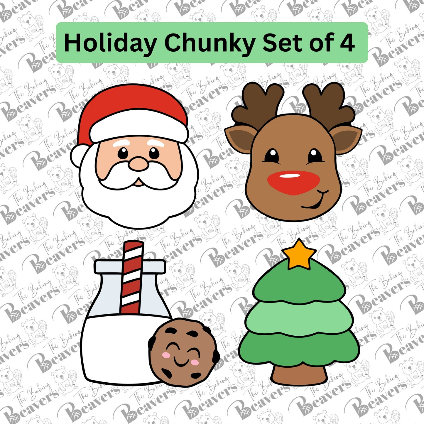 Holiday Chunky set of 4 cutters (Santa Face, Reindeer Face, Milk and cookies, Tree with star)