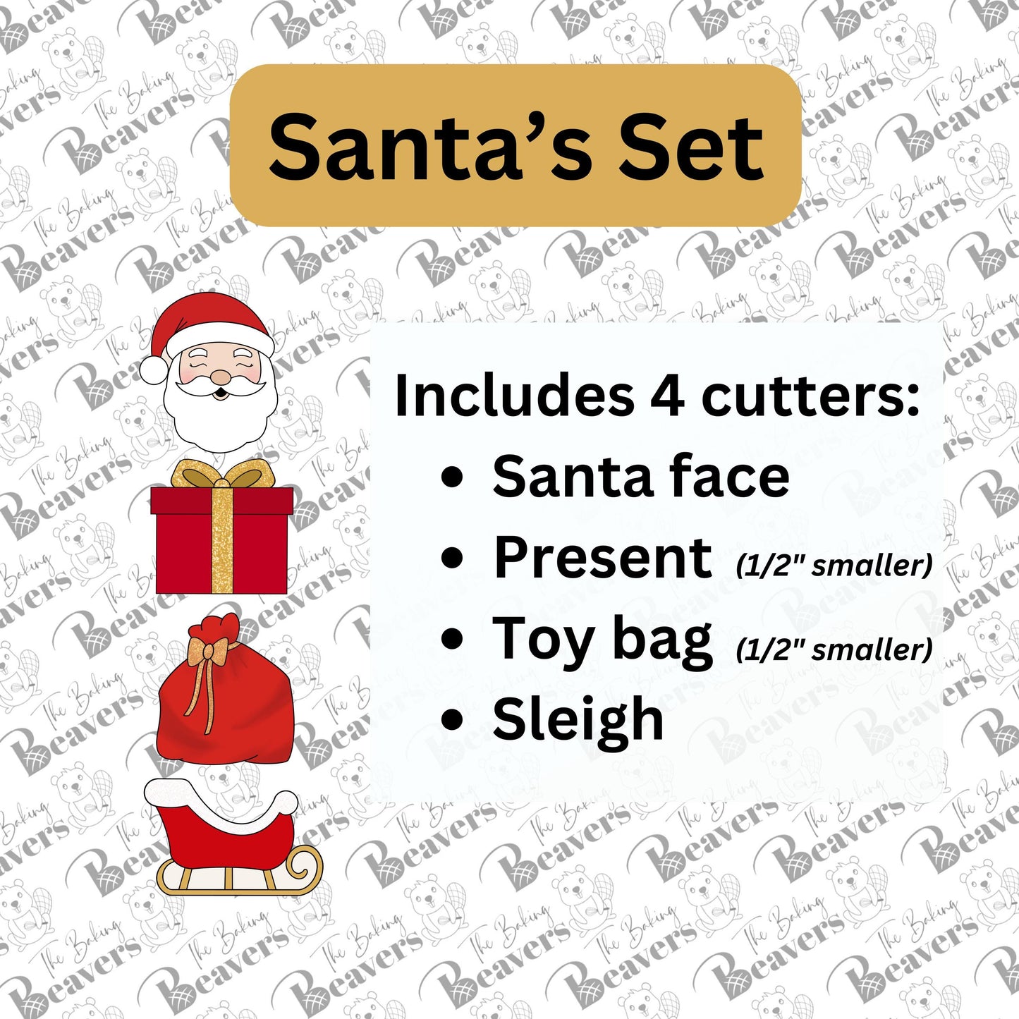 Santa's Cookie Cutters Set (Santa face, Present, Sleigh, and toy bag) (*Please take note of sizing info)