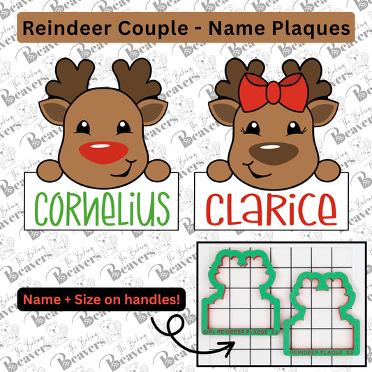 Reindeer Couple Name Plaque (Set of 2) Cookie Cutter (chunky version)