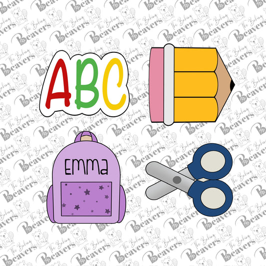 Back to School Cookie Cutter Set (ABC, Pencil, Backpack, Scissors)