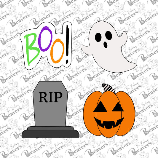 Halloween - Set of 4 Cookie Cutters - Boo!,  Ghost,  tombstone, and pumpkin