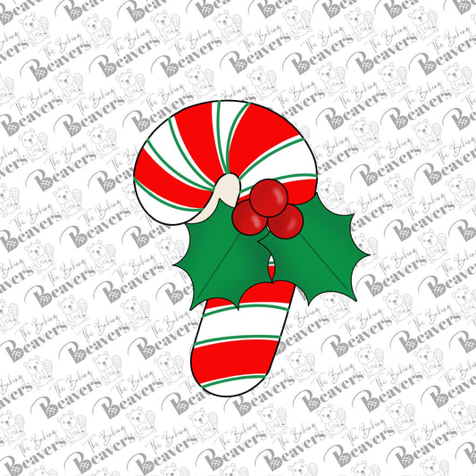 Candy Cane with Holly Cookie Cutter | Christmas Candy Cookie Cutter