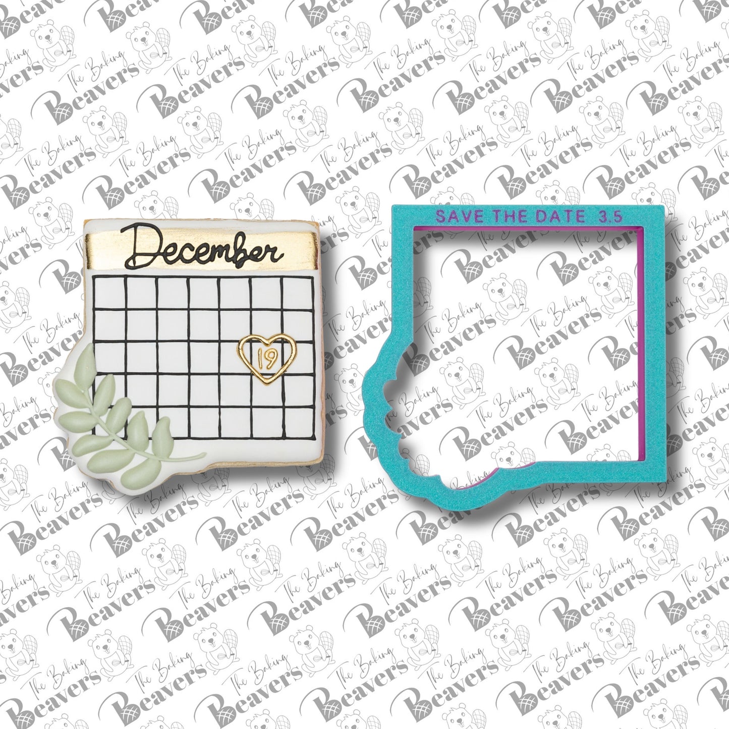 Save The Date Plaque (version #2- greenery) Cookie Cutter (optional Grid Stencil)
