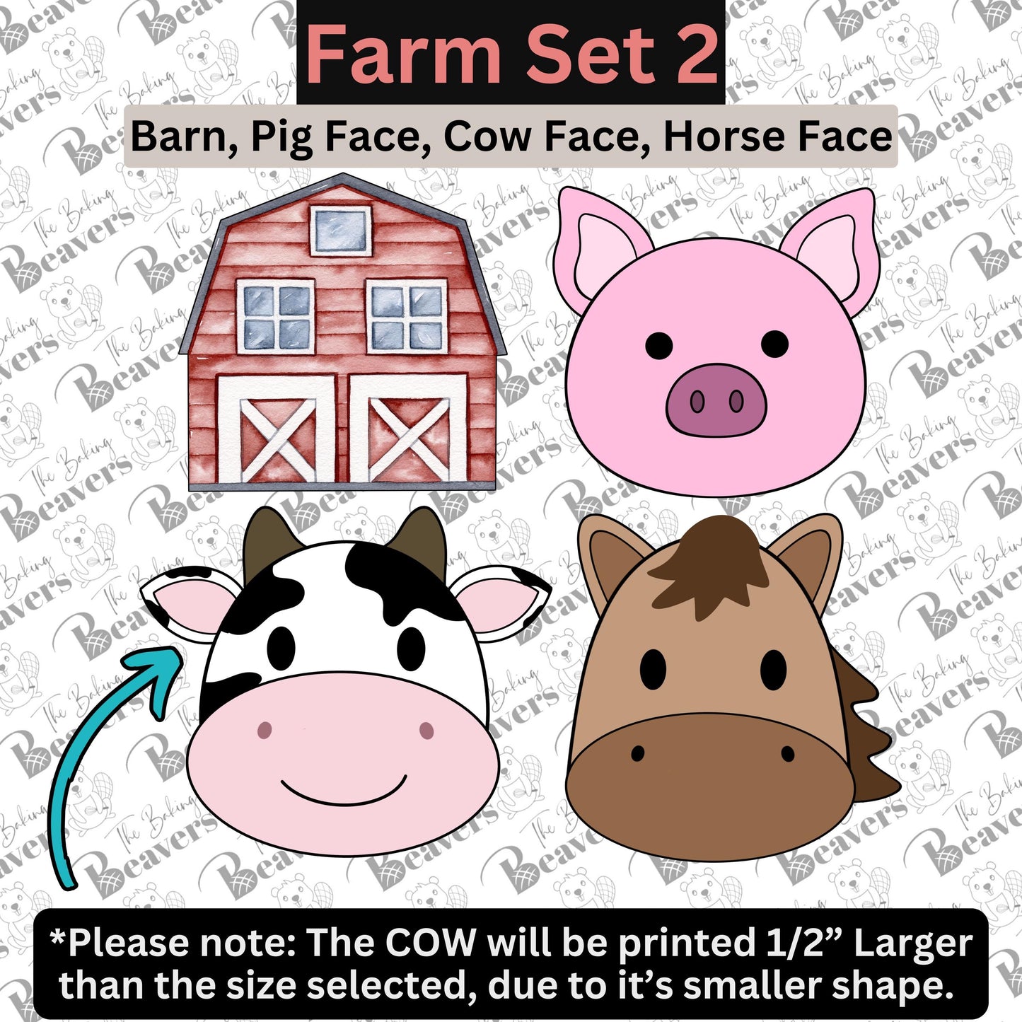 Farm Animal Heads + Barn (Set of 4 Cookie Cutters) | PIG | HORSE | COW | BARN