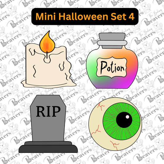 Halloween Mini Set (D) Cookie Cutters (Candle, Potion, Gravestone and Eyeball)