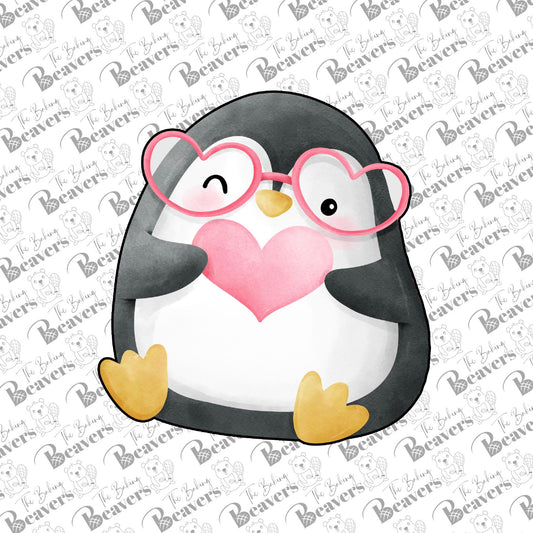 Penguin with Glasses Holding Heart Cookie Cutter | Valentine Penguin