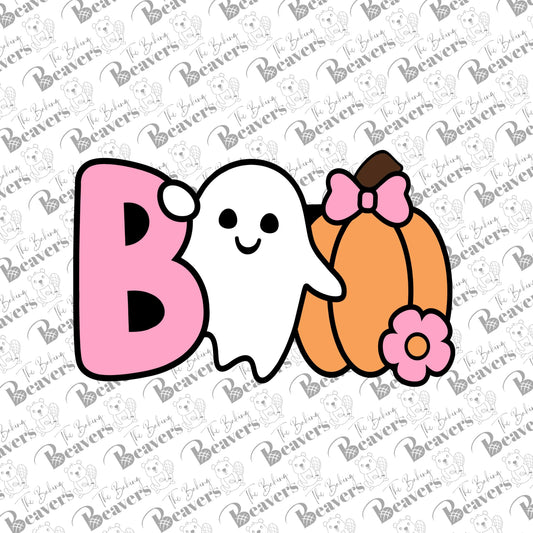 Boo Text plaque with Ghost and pumpkin with bow and flower Cookie Cutter