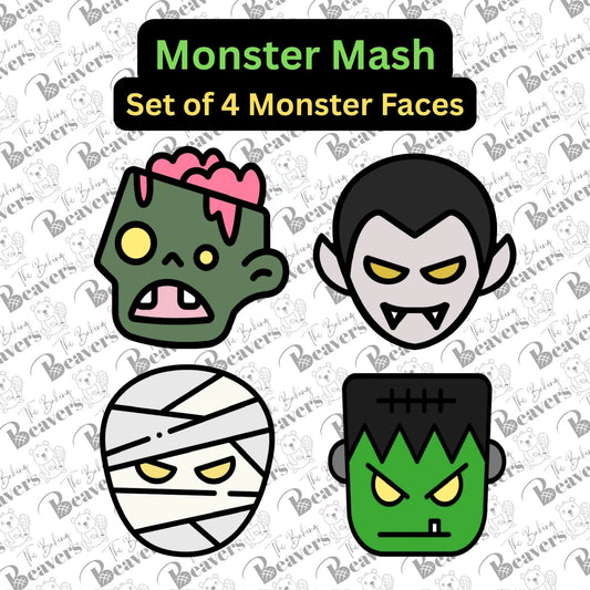 Monster Faces - Set of 4 Cookie Cutters (Vampire, Zombie, Frankenstein, Mummy)