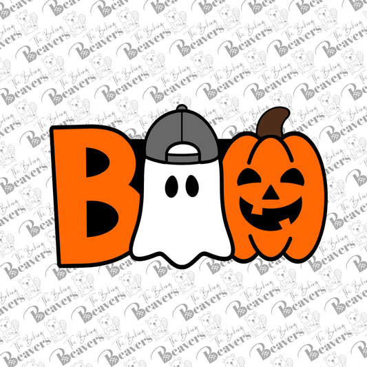 Boo Text plaque with Ghost wearing Baseball Cap Cookie Cutter