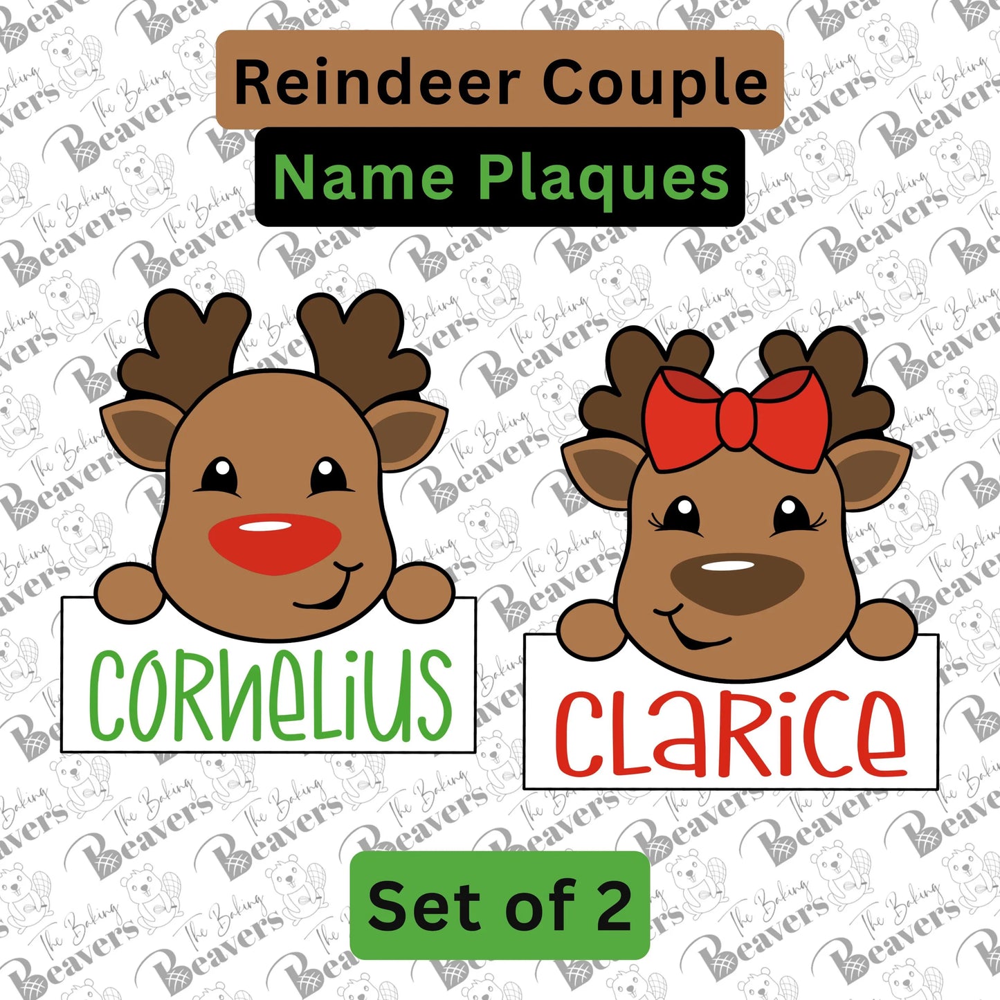 Reindeer Couple Name Plaque (Set of 2) Cookie Cutter (chunky version)